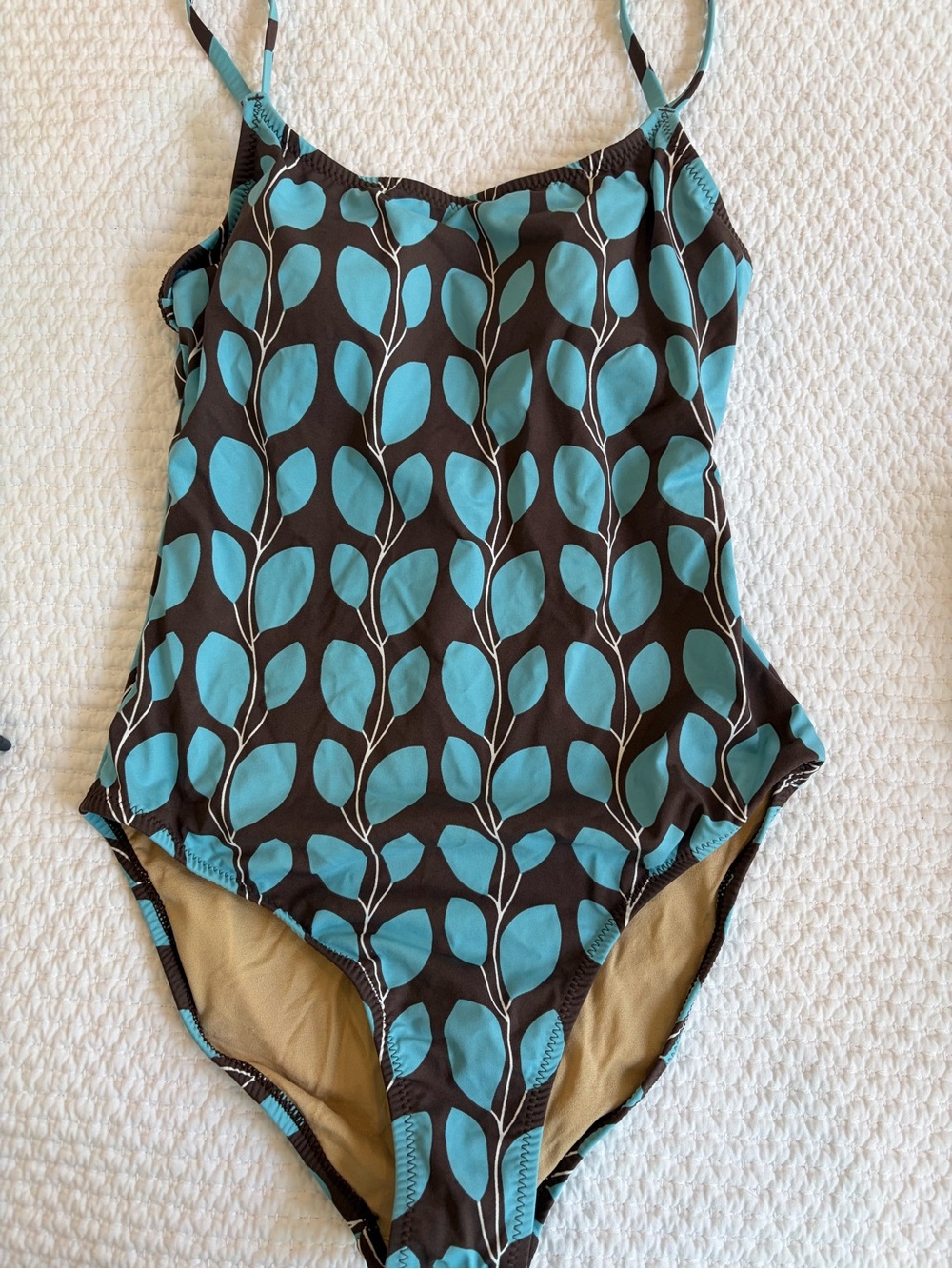 Leaf Print One-Piece Swimsuit in Teal and Brown- Garnet Hill